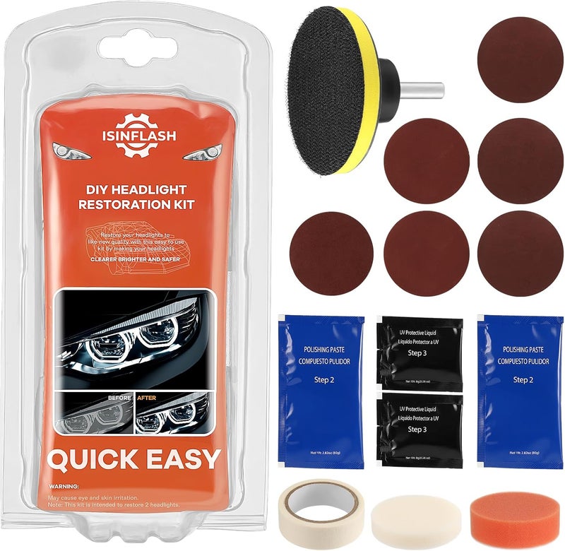 ISINFLASH Car Headlight Restoration Kit, 3 Easy Steps to Restore Sun Damaged Automotive Headlights Lens, Polish Restorer Cleaner Tool DIY Polishing, Sanding Discs, Scouring Pads for Electric Drill - Image 1